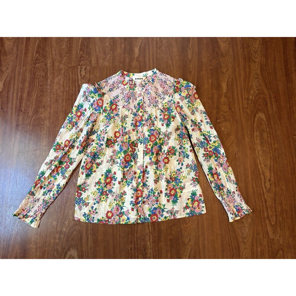 Boden Womens 4 Effie Smocked Blouse Collared Puff Sleeve Floral Multi Color NWT